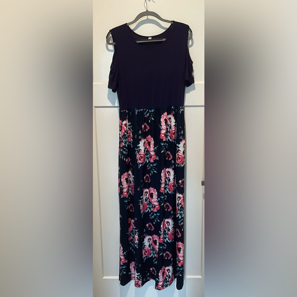 Peek-A-Boo Sleeves Floral Navy Dress XL Maxi w/Pockets Great Condition